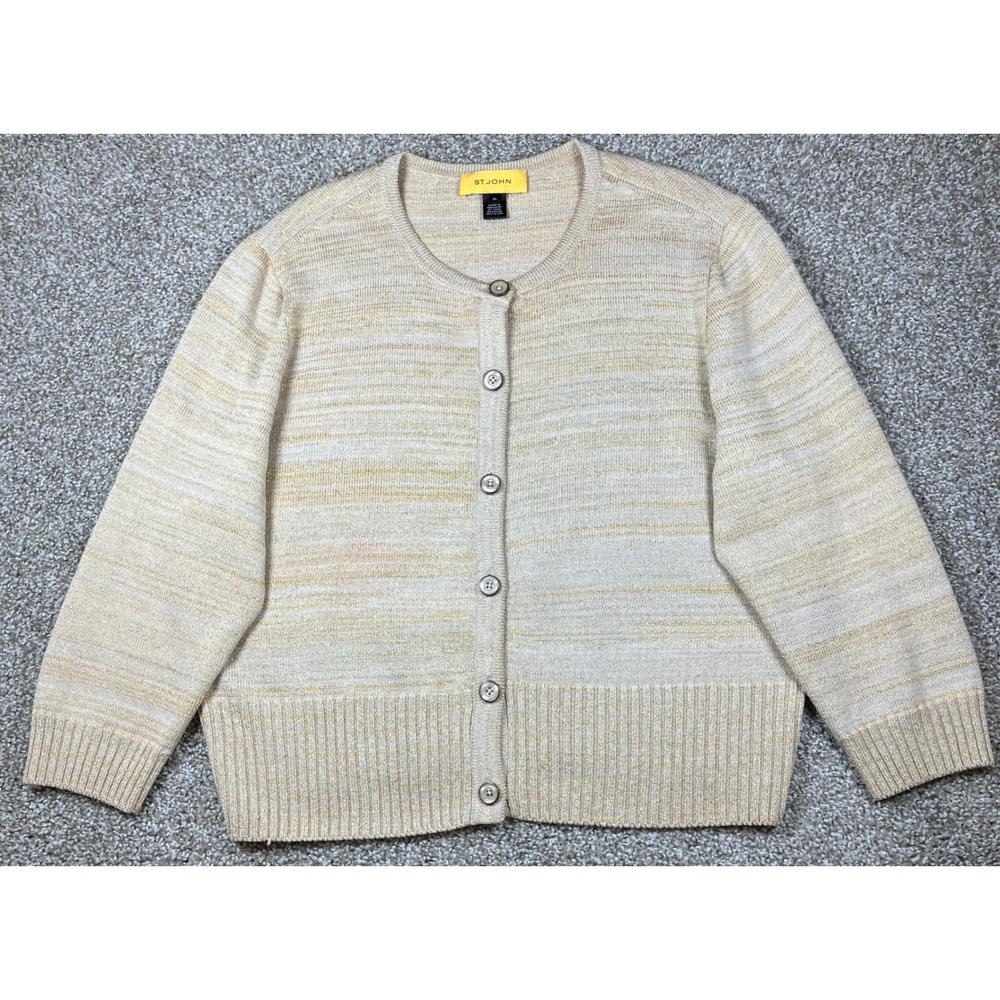 St John Metallic Gold Cream Striped Knit Button Front Cardigan Sweater Size XL